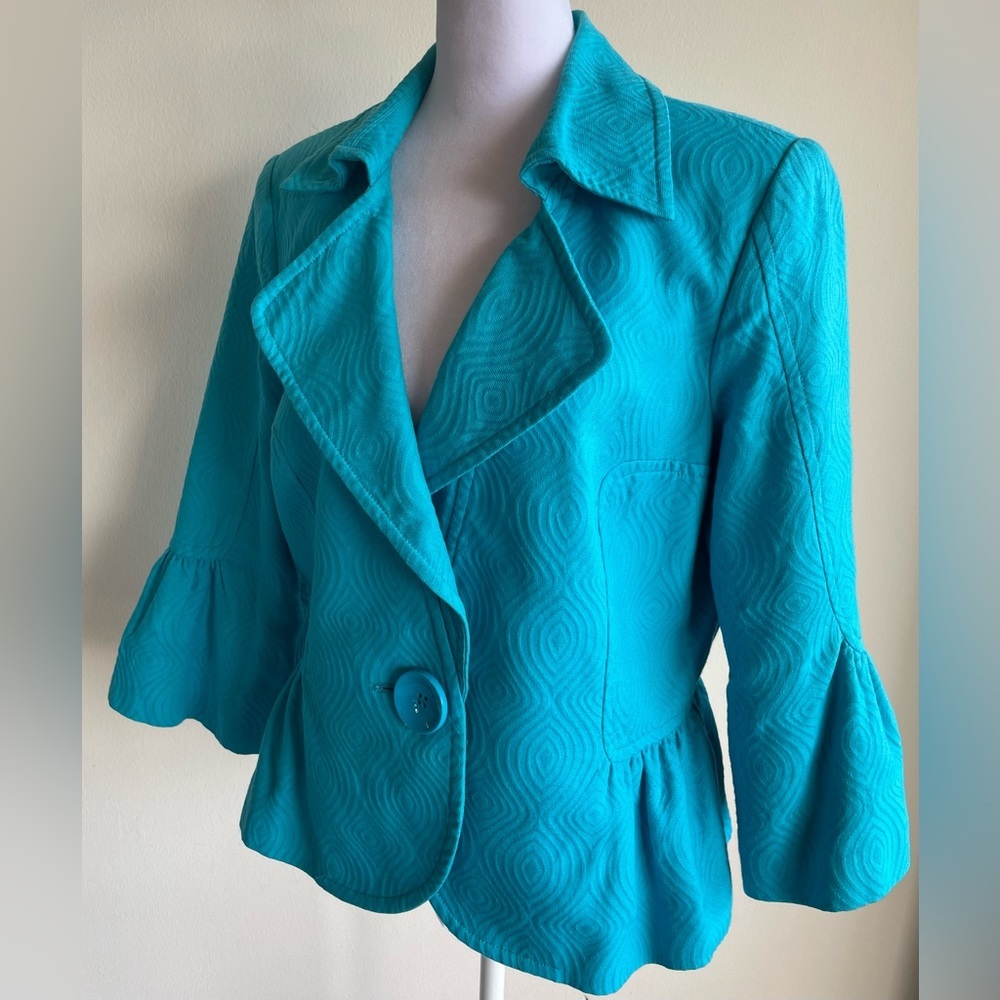ANTHRACITE SINGLE BUTTON BELL SLEEVE CROP BLAZER JACKET, SZ 12, TEAL BLUE